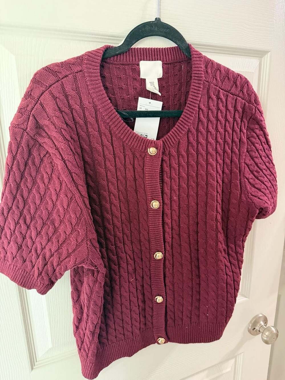 H&M Cable-Knit Cardigan Size XXL Burgundy Short Sleeve Gold Buttons New